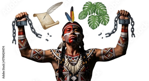 an indigenous person in a proud pose, with hands holding broken chains(2)