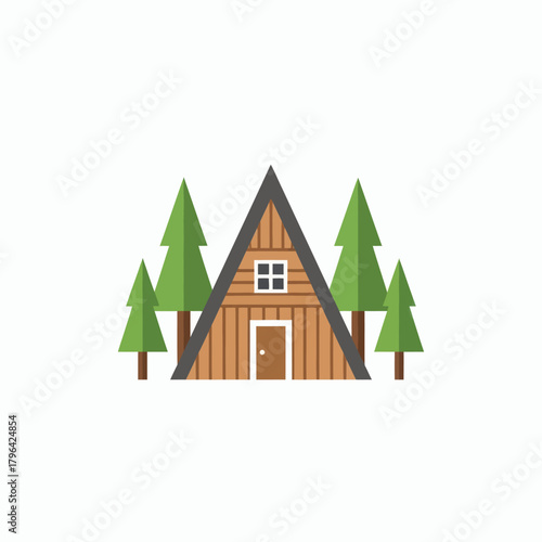 Aframe cabin in a forest with tall green pine trees flat design illustration.