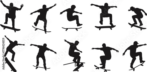 Skateboarding silhouette, skateboard tricks, jump pose, extreme sports action, urban culture, balance skill, youth movement, freestyle skate, dynamic motion, stunt