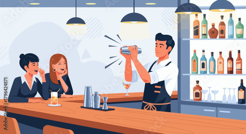 Bartender mixing cocktails for two women at a bar creating a lively and social atmosphere.