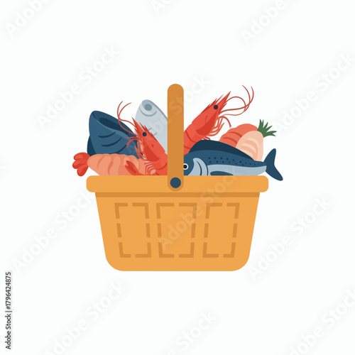 Basket of Fresh Seafood Fish and Shrimp Illustration.