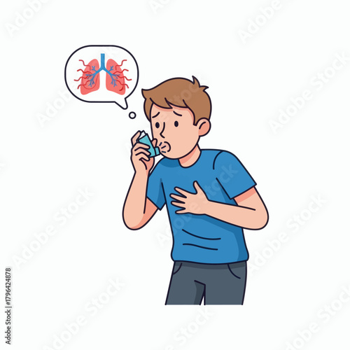 Asthmatic Boy Using Inhaler with Lung Illustration in Thought Bubble.