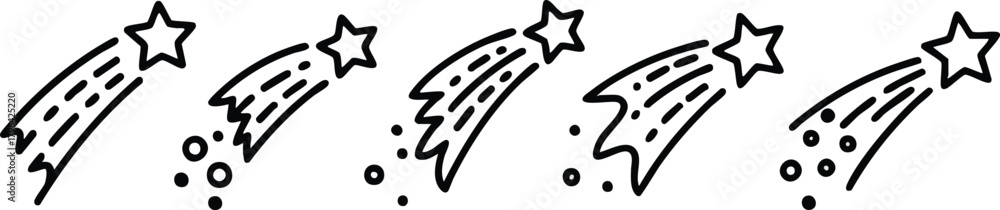 Obraz premium Icon Set Vector Shooting Star Comet Doodles Collection with Sparkle Elements Minimalist Line Art Black White