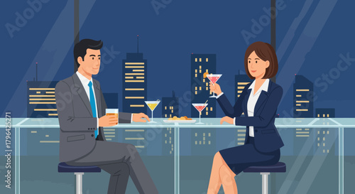 Business colleagues enjoying drinks at a rooftop bar with city skyline views.