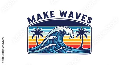 Retro Summer Beach Vector Illustration with Crashing Ocean Wave Palm Trees Sunset Stripes and Make Waves Text