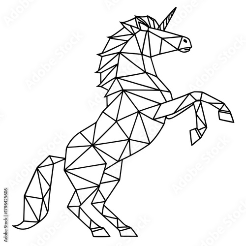 Geometric line art of a rearing unicorn composed of angular polygons and straight lines, facing right.