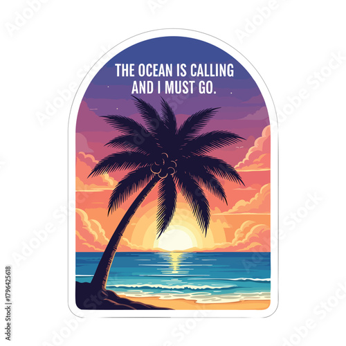Illustration Vector Tropical Beach Sunset with Palm Tree Ocean Waves and Travel Quote Vibrant Summer Design
