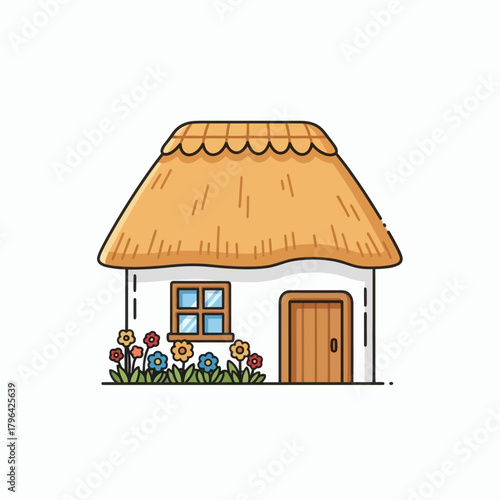 Charming Thatched Cottage with Flower Garden Illustration.