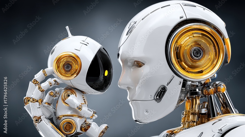Fototapeta premium A robot and a small robot are standing next to each other. The robot is white and gold