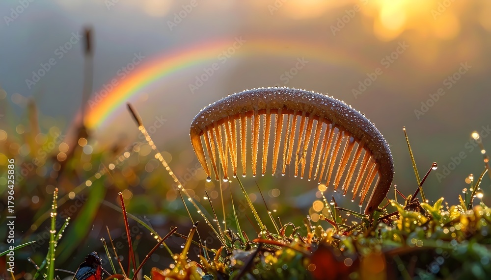 Fototapeta premium Mushroom with Rainbow and Dewdrops in a Sunny Morning Meadow.