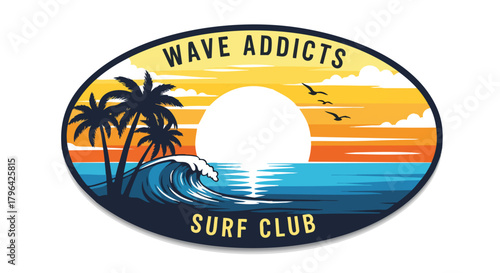 Logo Template Vector Design Retro Beach Sunset Surf Scene with Palm Trees and Ocean Wave in Warm Gradient Colors