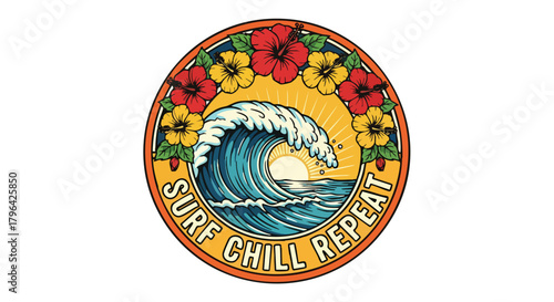 Illustration Vector Ocean Wave Sun Hibiscus Flowers Retro Summer Badge Design in Colorful Red Blue Yellow Tones