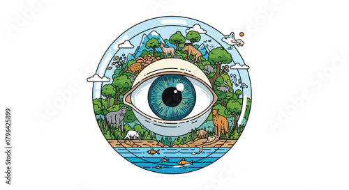 A vibrant ecosystem with diverse wildlife and mountains, featuring a central blue eye, symbolizing nature's watchful presence and ecological awareness.