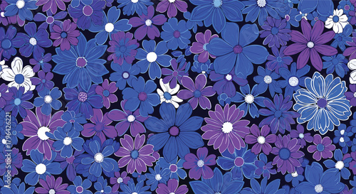 A vibrant, seamless floral pattern featuring various blue and purple flowers with white centers on a dark background, evoking a retro aesthetic.