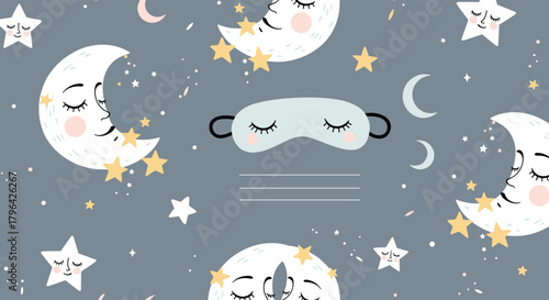Adorable seamless pattern illustrating sleeping crescent moons, dreaming stars, and a soft sleep mask for sweet dreams.
