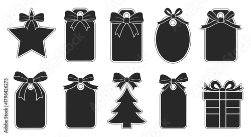 Collection of festive christmas gift tags and labels with bows and ribbons in silhouette style