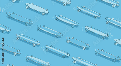 Seamless pattern of blue longboards and skateboards on a light blue background, rendered in an isometric, illustrative style.