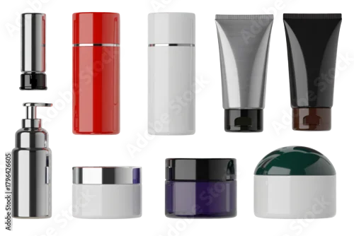 Fototapeta samoprzylepna Modern cosmetic packaging collection featuring sleek bottles, tubes, and jars for beauty product branding and advertising.