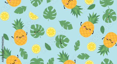 Cute tropical fruit and leaf seamless pattern on a light blue background, featuring happy pineapples and lemons, perfect for summer designs.