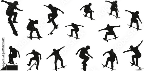 Skateboarding silhouette, trick pose, extreme sports action, freestyle jump, urban youth culture, dynamic motion, stunt balance, ramp maneuver, skateboard flip, energy