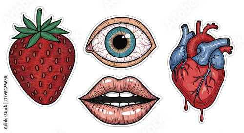 A quirky set of etched-style vector illustrations depicting a ripe strawberry, a bloodshot eye, sensual open lips, and a dripping anatomical heart.