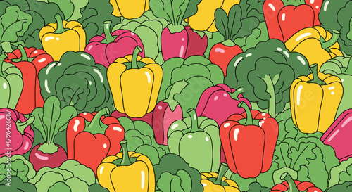 A vibrant and colorful seamless pattern of fresh bell peppers, broccoli, cabbage, and radishes, perfect for a healthy food background.