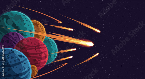 Numerous bright meteors streak past a vibrant cluster of stylized planets in the vast expanse of a dark, star-filled outer space.