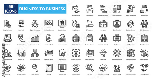 Business To Business Line Icon Set. B2B Partnership, Corporate Deal, Business Agreement, B2B Collaboration, Vendor Management, Supplier Chain, Enterprise Network