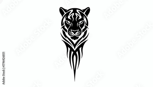 A striking black and white tribal tattoo design featuring a tiger's head with intricate, stylized patterns extending downwards, isolated on a white background.