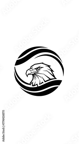 Black and white graphic logo featuring an eagle's head framed by dynamic curved lines in a circular design.