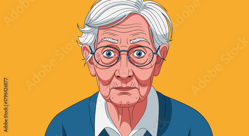 Close-up portrait of a surprised elderly person with grey hair and glasses, looking directly at the viewer.