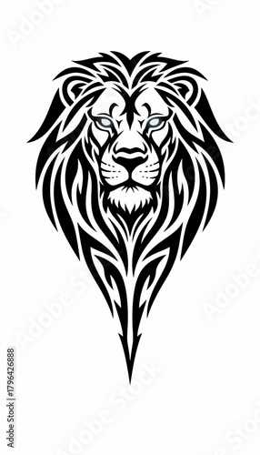 Stylized black and white tribal lion head tattoo design with intricate patterns and piercing blue eyes.
