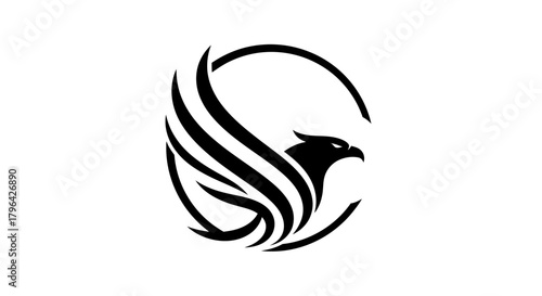 Black griffin head and wing silhouette in a circular frame, symbolizing strength and mythical power.