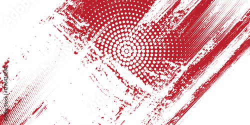 Creative red and white abstract sports background with grunge texture, brush stroke and halftone effect