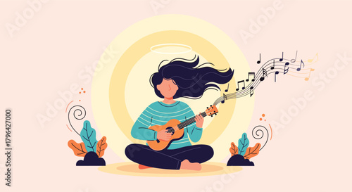 A peaceful woman with a halo plays a ukulele, emanating musical notes and surrounded by a warm, serene glow.