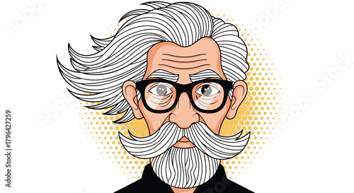 A stylized cartoon portrait of a wise old man with long white hair, a prominent mustache, beard, and glasses, depicted in a retro pop art style with halftone dots.