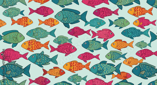 A vibrant seamless pattern featuring an array of colorful cartoon-style fish swimming in various directions on a light blue background.