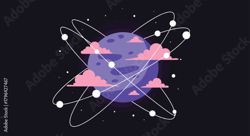 Stylized purple planet with pink clouds, surrounded by glowing orbital paths and stars, depicting a cosmic network or atomic structure.