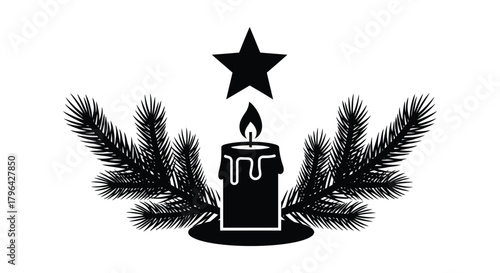 Black silhouette of a burning candle with dripping wax surrounded by pine branches and a star