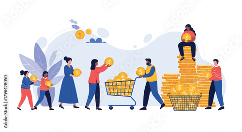 Diverse group of people contributing coins to a growing pile of wealth.