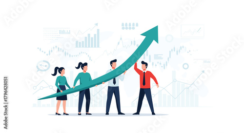 Four business people hold up a large green arrow graph symbolizing success and growth.