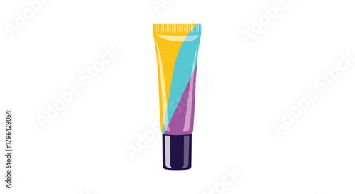 Colorful cosmetic tube with a blend of yellow, teal, and purple stripes and a dark cap.