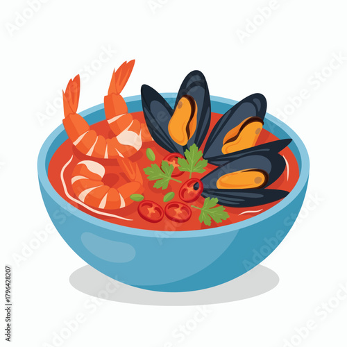 Delicious Seafood Stew with Shrimp and Mussels in Bowl.