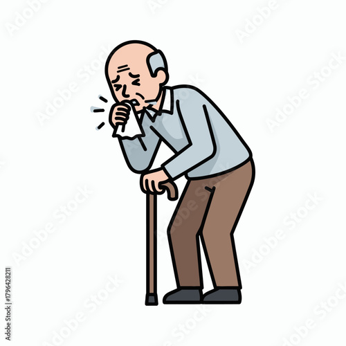 Elderly Man Coughing with Tissue and Cane Illustration.