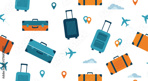 Seamless pattern of colorful vintage suitcases and airplanes against a white background.