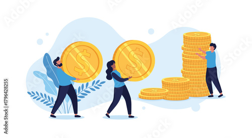 People carrying large gold coins next to stacks of money, representing wealth and savings.