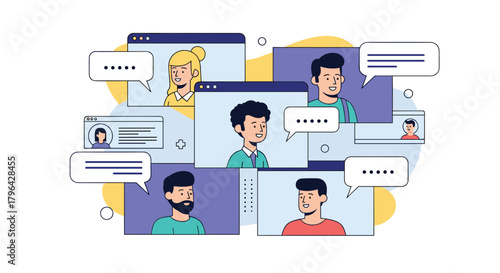 Illustration of people in a video conference, communicating through chat bubbles.