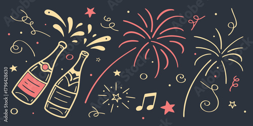 Festive Celebration with Champagne Bottles, Fireworks, and Confetti on a Dark Background