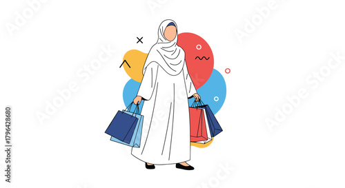 A woman in a hijab carries shopping bags, with colorful abstract shapes in the background.