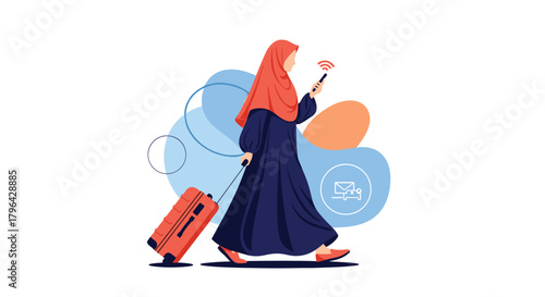 Muslim woman with hijab pulling a suitcase while looking at her phone with Wi-Fi signal.